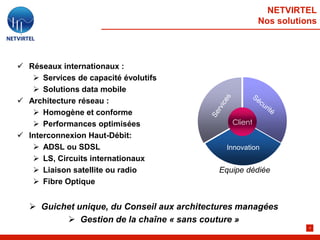 NETVIRTEL
                                                        Nos solutions




 Réseaux internationaux :
    Services de capacité évolutifs
    Solutions data mobile
 Architecture réseau :
    Homogène et conforme
    Performances optimisées                   Client
                                                SR
 Interconnexion Haut-Débit:
    ADSL ou SDSL                             Innovation
    LS, Circuits internationaux
    Liaison satellite ou radio             Equipe dédiée
    Fibre Optique


    Guichet unique, du Conseil aux architectures managées
           Gestion de la chaîne « sans couture »
                                                                   4
 