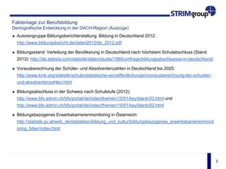 3
Faktenlage zur Berufsbildung
Demografische Entwicklung in der DACH-Region (Auszüge)
Autorengruppe Bildungsberichterstattung. Bildung in Deutschland 2012:
http://www.bildungsbericht.de/daten2012/bb_2012.pdf
Bildungsstand: Verteilung der Bevölkerung in Deutschland nach höchstem Schulabschluss (Stand
2012): http://de.statista.com/statistik/daten/studie/1988/umfrage/bildungsabschluesse-in-deutschland/
Vorausberechnung der Schüler- und Absolventenzahlen in Deutschland bis 2025:
http://www.kmk.org/statistik/schule/statistische-veroeffentlichungen/vorausberechnung-der-schueler-
und-absolventenzahlen.html
Bildungsabschluss in der Schweiz nach Schulstufe (2012):
http://www.bfs.admin.ch/bfs/portal/de/index/themen/15/01/key/blank/03.html und
http://www.bfs.admin.ch/bfs/portal/de/index/themen/15/01/key/blank/02.html
Bildungsbezogenes Erwerbskarrierenmonitoring in Österreich:
http://statistik.gv.at/web_de/statistiken/bildung_und_kultur/bildungsbezogenes_erwerbskarrierenmonit
oring_biber/index.html
 