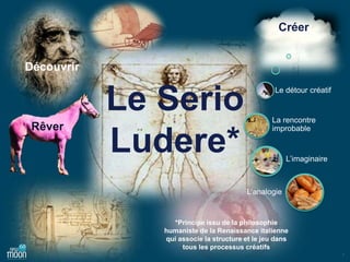 7
Le Serio
Ludere*
Rêver
Créer
L’analogie
L’imaginaire
La rencontre
improbable
Le détour créatif
Découvrir
*Principe issu de la philosophie
humaniste de la Renaissance italienne
qui associe la structure et le jeu dans
tous les processus créatifs
 