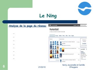 21/03/10 fanny Jouvenelle et Camille D'heygere Le Ning Analyse de la page du réseau : Groupe Humanitaid Membres : profils Ma page Photos Forum Blogues Activité récente Fil Twitter- Facebook 