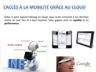 Grâce à votre logiciel hébergé en cloud, vous restez connecté à vos données
clients en tout lieu et à tout moment. Vous gagnez ainsi en rapidité et en
performance.
 