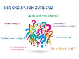 Quels sont mes besoins ?

  Achat ou hébergé ?                               Quelles sont les
                                                   fonctionnalités recherchées ?




                                                       Dois-je être formé ?
Quel est mon budget ?


         Peut-il se coupler à
         d’autres logiciels ?                    Qui utilisera l’outil ?
 