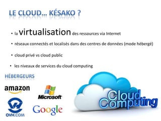 • la   virtualisation des ressources via Internet
• réseaux connectés et localisés dans des centres de données (mode hébergé)

• cloud privé vs cloud public

• les niveaux de services du cloud computing
 