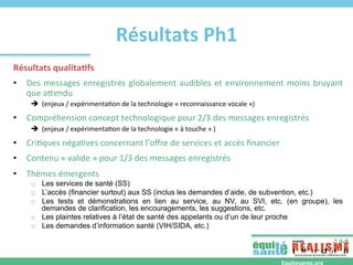 Résultats	
  Ph1	
  
Equitesante.org	
  
9	
  
Résultats	
  qualita(fs	
  
•  Des	
  messages	
  enregistrés	
  globalemen...