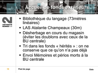 Accueil de fonds extérieurs Bibliothèque du langage (73mètres linéaires) LAS Atalante Champeaux (30m) Désherbage en cours du magasin (éviter les doublons avec ceux de la BU centrale) Tri dans les fonds « hérités » : on ne conserve que ce qu’on n’a pas déjà Envoi Mémoires et périos morts à la BU centrale 