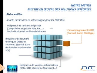 Notre métier…

    Société de Services en informatique pour les PME PMI.

     Intégrateur de solutions de gestion
     (Comptabilité et gestion, Paie, RH, …),
     Outils décisionnels et dématérialisation               L’accompagnement NRC
                                                            (Conseil, Audit, Stratégie)

    Intégrateur de solutions
    techniques (Réseaux,
    Systèmes, Sécurité, Bases
    de données relationnelles
    SQL)




                  Intégrateur de solutions collaboratives
2                 (CRM, GED, plateforme Sharepoint,…)
 