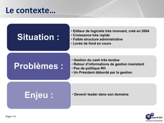 Page  14
Le contexte…
• Editeur de logiciels très innovant, créé en 2004
• Croissance très rapide
• Faible structure administrative
• Levée de fond en cours
Situation :
• Gestion du cash très tendue
• Retour d’informations de gestion inexistant
• Pas de politique RH
• Un Président débordé par la gestion
Problèmes :
• Devenir leader dans son domaine
Enjeu :
 