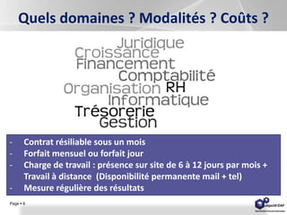 Page  6
Quels domaines ? Modalités ? Coûts ?
- Contrat résiliable sous un mois
- Forfait mensuel ou forfait jour
- Charge de travail : présence sur site de 6 à 12 jours par mois +
Travail à distance (Disponibilité permanente mail + tel)
- Mesure régulière des résultats
 