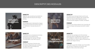 Apporter des conseils personnalisés et
adaptés selon les besoins de chaque
startup
Accompagnement individuel de chaque
startup sous forme de réunions de 2h à
un rythme de 1 réunion tous les 15
jours
Transmettre les connaissances de base
nécessaires à la création et au
développement de startups (Design
Thinking, BMG, Lean Start-up, etc.)
De 2h à ½ journée en fonction des
formations, dispensées par un expert
du sujet traité à l’ensemble de la
promotion incubée
Permettre aux startups d’avoir accès à une
expertise précise et obtenir des conseils clés
selon leur besoin (SEO, Relation presse,
Communication digitale, Fiscalité, Juridique)
Présence de certains experts à la ½ journée par
mois où chaque startup peut prendre rendez-
vous.
Favoriser les synergies entre les startups
présentes dans l’accélérateur grâce aux outils
de l’intelligence collective pour apporter un
coup de boost sur divers sujets en fonction des
besoins de chaque startup
½ journée ou journée d’atelier avec l’ensemble
des startups. Fréquence en fonction des
besoins et des envies des startups
 