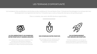 Les incubateurs & les accélérateurs sont de plus en plus nombreux et c’est une bonne chose ! Cela permet d’accompagner les startups dans leur
développement mais également de favoriser l’innovation que ce soit au niveau des startups ou des grands groupes
Dans ce contexte, nous avons identifié plusieurs opportunités…
Certains accélérateurs ne sont pas en
mesure de proposer un accompagnement
individuel et personnalisé à leurs startups
Des synergies entre les startups au sein
des accélérateurspas suffisamment
exploitées voire inexistantes
Une collaboration pas toujours évidente et des
synergies pas suffisamment exploitées
(fonctionnement trop cloisonné qui limite le
transfert de la culture startup au grand groupe)
 