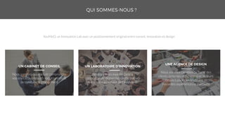 YouMeO, un Innovation Lab avec un positionnement original entre conseil, innovation et design
Nous sommes capables de comprendre
vos enjeux business et opérationnels et
de conduire le changement
Nous sommes experts dans la
conception de démarches participatives
et ouvertes au service de l’innovation
Nous sommes capables de partir des
clients (internes et externes) et de leurs
attentes pour co-construire de
nouvelles expériences et parcours
 