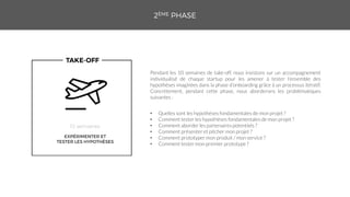 • Quelles sont les hypothèses fondamentales de mon projet ?
• Comment tester les hypothèses fondamentales de mon projet ?
• Comment aborder les partenaires potentiels ?
• Comment présenter et pitcher mon projet ?
• Comment prototyper mon produit / mon service ?
• Comment tester mon premier prototype ?
Pendant les 10 semaines de take-off, nous insistons sur un accompagnement
individualisé de chaque startup pour les amener à tester l’ensemble des
hypothèses imaginées dans la phase d’onboarding grâce à un processus itératif.
Concrètement, pendant cette phase, nous aborderons les problématiques
suivantes :
 