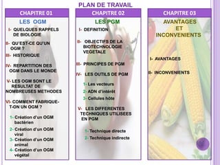 PLAN DE TRAVAIL
      CHAPITRE 01           CHAPITRE 02                   CHAPITRE 03
      LES OGM                   LES PGM                  AVANTAGES
 I- QUELQUES RAPPELS     I- DEFINITION                       ET
    DE BIOLOGIE                                        INCONVENIENTS
II- QU’EST-CE QU’UN     II- OBJECTIFS DE LA
   OGM ?                    BIOTECHNOLOGIE
                            VEGETALE
III- HISTORIQUE
                                                    I- AVANTAGES
IV- REPARTITION DES     III- PRINCIPES DE PGM
  OGM DANS LE MONDE                                 II- INCONVENIENTS
                        IV- LES OUTILS DE PGM
V- LES OGM SONT LE
                          1- Les vecteurs
   RESULTAT DE
NOMBREUSES METHODES       2- ADN d’intérêt
                          3- Cellules hôte
VI- COMMENT FABRIQUE-
  T-ON UN OGM ?         V- LES DIFFERENTES
                         TECHNIQUES UTILISEES
 1- Création d’un OGM     EN PGM
    bactérien
 2- Création d’un OGM      1- Technique directe
    viral
 3- Création d’un OGM      2- Technique indirecte
    animal
 4- Création d’un OGM
    végétal
 
