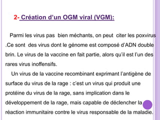 2- Création d’un OGM viral (VGM):

  Parmi les virus pas bien méchants, on peut citer les poxvirus
.Ce sont des virus dont le génome est composé d’ADN double
brin. Le virus de la vaccine en fait partie, alors qu’il est l’un des
rares virus inoffensifs.
  Un virus de la vaccine recombinant exprimant l’antigène de
surface du virus de la rage : c’est un virus qui produit une
protéine du virus de la rage, sans implication dans le
développement de la rage, mais capable de déclencher la
réaction immunitaire contre le virus responsable de la maladie.
 