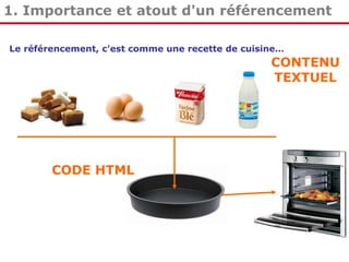 1. Importance et atout d'un référencement
Le référencement, c'est comme une recette de cuisine…

CONTENU
TEXTUEL

CODE HTML

 