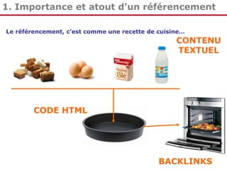 1. Importance et atout d'un référencement
Le référencement, c'est comme une recette de cuisine…

CONTENU
TEXTUEL

CODE HTML

BACKLINKS

 