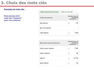 3. Choix des mots clés
Exemples de mots clés :

Vous pouvez ainsi
créer des "lexiques"
pour vos contenus

 