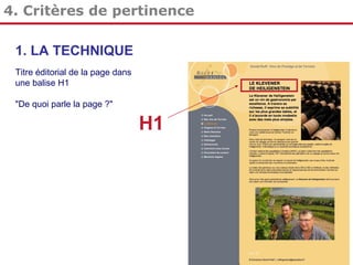 4. Critères de pertinence
1. LA TECHNIQUE
Titre éditorial de la page dans
une balise H1
"De quoi parle la page ?"

H1

 