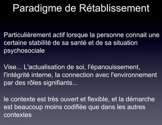 Paradigme de Rétablissement

Particulièrement actif lorsque la personne connait une
certaine stabilité de sa santé et de sa situation
psychosociale

Vise... L'actualisation de soi, l'épanouissement,
l'intégrité interne, la connection avec l'environnement
par des rôles signifiants...

le contexte est très ouvert et flexible, et la démarche
est beaucoup moins codifiée que dans les autres
contextes
 