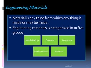 EngineeringMaterials
 Material is any thing from which any thing is
made or may be made.
 Engineering materials is categorized in to five
groups
Metals &alloys Ceramics Composite
Semiconductor polymers
10/18/2016 1
 