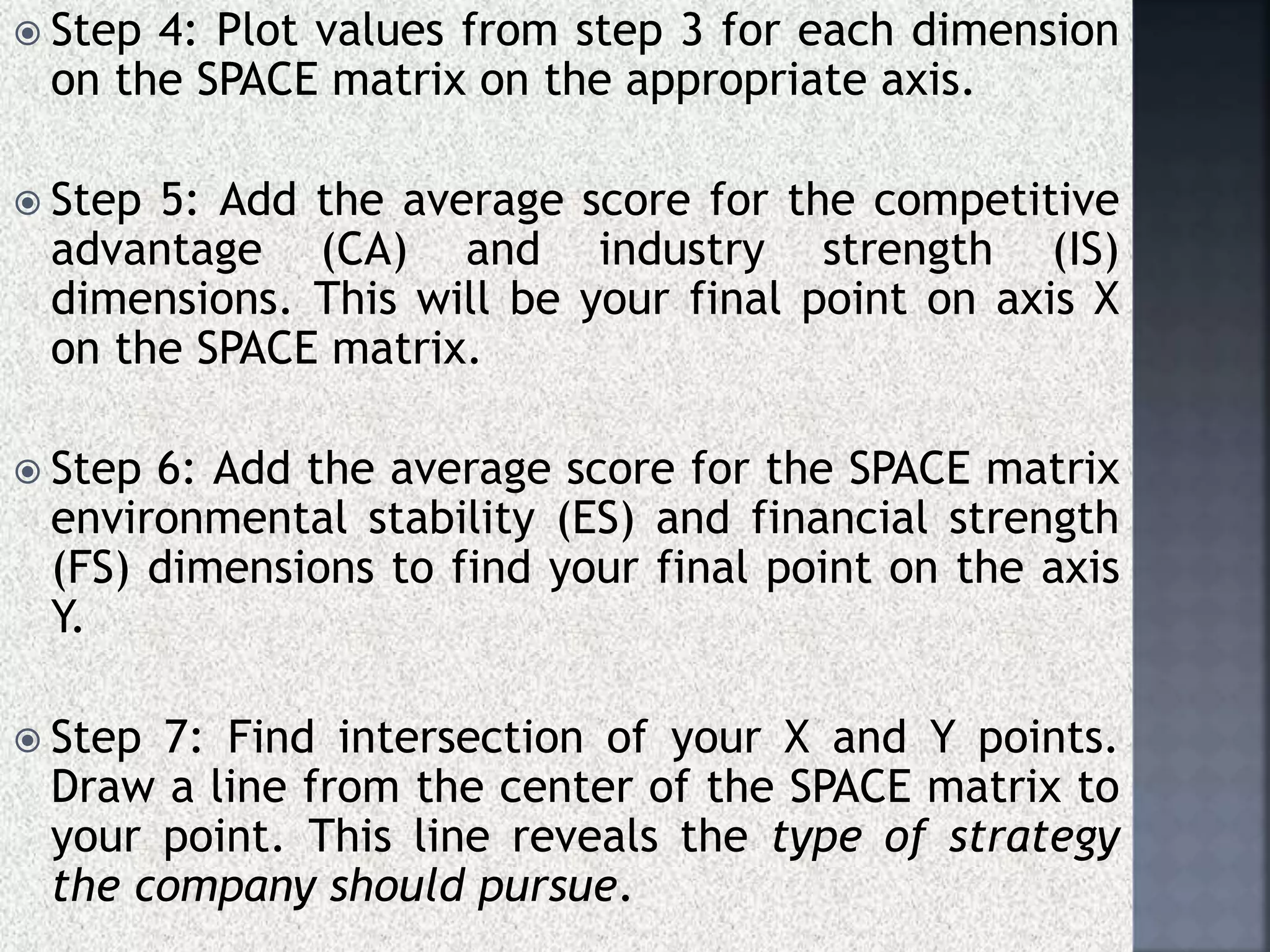  Step 4: Plot values from step 3 for each dimension
on the SPACE matrix on the appropriate axis.
 Step 5: Add the average score for the competitive
advantage (CA) and industry strength (IS)
dimensions. This will be your final point on axis X
on the SPACE matrix.
 Step 6: Add the average score for the SPACE matrix
environmental stability (ES) and financial strength
(FS) dimensions to find your final point on the axis
Y.
 Step 7: Find intersection of your X and Y points.
Draw a line from the center of the SPACE matrix to
your point. This line reveals the type of strategy
the company should pursue.
 