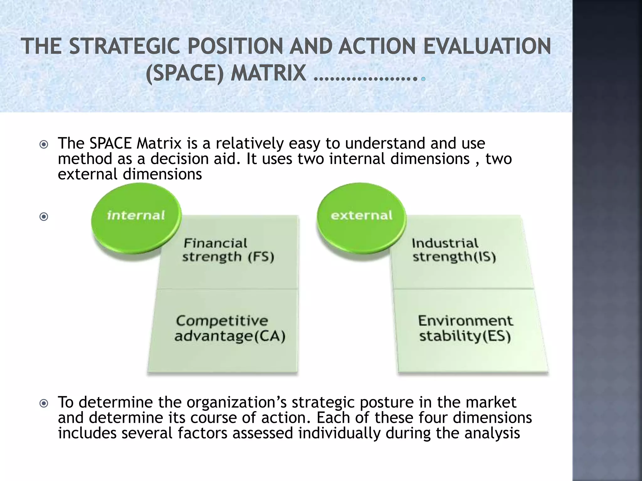  The SPACE Matrix is a relatively easy to understand and use
method as a decision aid. It uses two internal dimensions , two
external dimensions

 To determine the organization’s strategic posture in the market
and determine its course of action. Each of these four dimensions
includes several factors assessed individually during the analysis
 