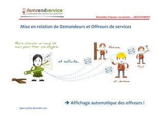 Demandez, Proposez vos services … GRATUITEMENT!



Mise en relation de Demandeurs et Offreurs de services




                            Affichage automatique des offreurs !
Open Coffee décembre 2011
 