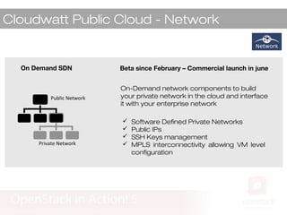 Cloudwatt Public Cloud - Network
Public Network
Private Network
On Demand SDN
On-Demand network components to build
your private network in the cloud and interface
it with your enterprise network
 Software Defined Private Networks
 Public IPs
 SSH Keys management
 MPLS interconnectivity allowing VM level
configuration
Beta since February – Commercial launch in june
 