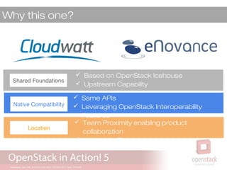 Why this one?
 Same APIs
 Leveraging OpenStack Interoperability
Features
Native Compatibility
Location
 Team Proximity enabling product
collaboration
 Located in France
Shared Foundations
 Based on OpenStack Icehouse
 Upstream Capability
 