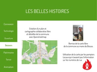 LES BELLES HISTOIRES
Terroir
Technologie
Secours
Ouverture
Patrimoine
Connexion
Animation
Remise de la carte libre
de la commune au maire de Brocas
Création d'un plan et
cartographie collaborative libre
et détaillée de la commune
avec Openstreetmap
Utilisation de la carte par les pompiers
Locaux qui n'avaient pas l'information
sur les numéros de rue
 