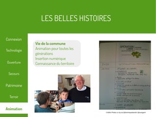 LES BELLES HISTOIRES
Terroir
Technologie
Secours
Ouverture
Patrimoine
Connexion
Animation
Crédits Photos cc-by-sa @dominiqueberdon @auregann
Vie de la commune
Animation pour toutes les
générations
Insertion numérique
Connaissance du territoire
 