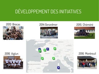 DÉVELOPPEMENT DES INITIATIVES
2013 Brocas
2016 Montreuil2016 Aiglun
2015 Chéméré
https://umap.openstreetmap.fr/
2014 Gerardmer
 