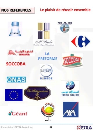 NOS REFERENCES                  Le plaisir de réussir ensemble




                                   LA
                                PREFORME
    SOCCOBA




Présentation OPTRA Consulting        14
 
