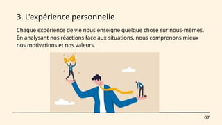 07
3. L'expérience personnelle
Chaque expérience de vie nous enseigne quelque chose sur nous-mêmes.
En analysant nos réactions face aux situations, nous comprenons mieux
nos motivations et nos valeurs.
 