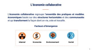L’économie collaborative
5
L’économie collaborative regroupe l’ensemble des pratiques et modèles
économiques basés sur des...