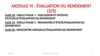 MODULE VI : ÉVALUATION DU RENDEMENT
(3/3)
Outil 18 : GRILLE PHASE 1 - DISCUSSION ET ENTENTE
MUTUELLE/ÉVALUATION DU RENDEMENT
Outil 19 : GRILLE PHASE 2 - RENCONTRE D’ÉTAPE/ÉVALUATION DU
RENDEMENT
Outil 20 : RENCONTRE ANNUELLE/ÉVALUATION DU RENDEMENT
26/01/2025 Formation GRH -Tarek DHAHRI 20
 