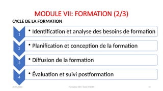 MODULE VII: FORMATION (2/3)
CYCLE DE LA FORMATION
1
• Identification et analyse des besoins de formation
2
• Planification et conception de la formation
3
• Diffusion de la formation
4
• Évaluation et suivi postformation
26/01/2025 Formation GRH -Tarek DHAHRI 22
 
