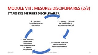 MODULE VIII : MESURES DISCIPLINAIRES (2/3)
ÉTAPES DES MESURES DISCIPLINAIRES
1ère
mesure : Entrevue
de conciliation et
avertissement verbal
2ème
mesure : Entrevue
de conciliation et
avertissement écrit
3 ème mesure :
Entrevue de
conciliation,
avertissement écrit
et mesure
disciplinaire
4ème
mesure :
Congédiement ou
suspension
26/01/2025 Formation GRH -Tarek DHAHRI 25
 