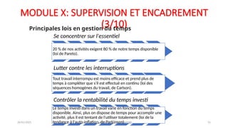 MODULE X: SUPERVISION ET ENCADREMENT
(3/10)
Se concentrer sur l'essentiel
20 % de nos activités exigent 80 % de notre temps disponible
(loi de Pareto).
Lutter contre les interruptions
Tout travail interrompu est moins efficace et prend plus de
temps à compléter que s'il est effectué en continu (loi des
séquences homogènes du travail, de Carlson).
Contrôler la rentabilité du temps investi
Le temps investi dans un travail varie en fonction du temps
disponible. Ainsi, plus on dispose de temps pour accomplir une
activité, plus il est tentant de l'utiliser totalement (loi de la
tendance à l'auto-inflation, de Parkinson).
Principales lois en gestion du temps
26/01/2025 Formation GRH -Tarek DHAHRI 31
 