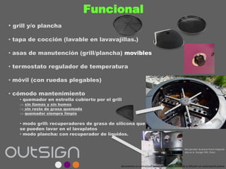 Funcional
• grill y/o plancha
• tapa de cocción (lavable en lavavajillas.)
• asas de manutención (grill/plancha) movibles
• termostato regulador de temperatura
• móvil (con ruedas plegables)
• cómodo mantenimiento
• quemador en estrella cubierto por el grill
sin llamas y sin humos
sin resto de grasa quemada
quemador siempre limpio
• modo grill: recuperadores de grasa de silicona que
se pueden lavar en el lavaplatos
• modo plancha: con recuperador de líquidos.
Recuperador de grasas Pyrex integrado
sólo en la Outsign PRO (foto)
documento no contractual; queda totalmente prohibida la difusión sin autorización previa
 