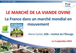 Tech-Ovin 2015 - Bellac
LE MARCHÉ DE LA VIANDE OVINE
La France dans un marché mondial en
mouvement
Marie Carlier, GEB – Institut de l’Élevage
Le 3 septembre 2015
 
