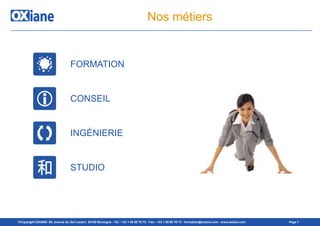 ©Copyright OXIANE- 98, avenue du Gal Leclerc 92100 Boulogne - Tél : +33 1 55 60 76 72 - Fax : +33 1 55 60 76 73 - formation@oxiane.com - www.oxiane.com Page 7
Nos métiers
FORMATION
CONSEIL
INGÉNIERIE
STUDIO
 