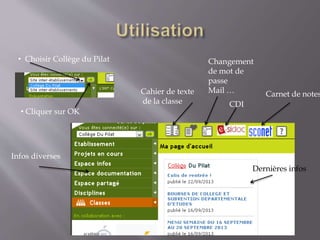 • Choisir Collège du Pilat
• Cliquer sur OK
Cahier de texte
de la classe
Changement
de mot de
passe
Mail … Carnet de notes
Infos diverses
Dernières infos
CDI
