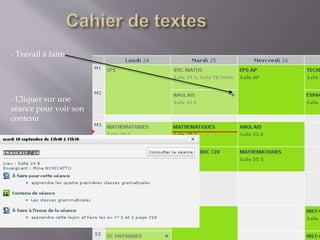 - Travail à faire
- Cliquer sur une
séance pour voir son
contenu