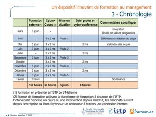 Un dispositif innovant de formation au management   3 -   Chronologie   (1) Formation en présentiel à l’ISTP de ST-Etienne (2)  Séance de formation utilisant la plateforme de formation à distance de l’ISTP, l’intervenant dispense un cours ou une intervention depuis l’institut, les candidats suivent depuis l’entreprise ou leurs foyers sur un ordinateur à travers une connexion internet  8 heures 5 jours 50 heures 160 heures Soutenance 1 heure Février Visite 5 2 x 2 hrs 3 jours Janvier 2 hrs 3 x 2 hrs 3 jours Décembre Visite 4 2 x 2 hrs 3 jours Novembre 2 hrs 3 x 2 hrs - Octobre Visite 3 3 x 2 hrs 3 jours Septembre 2 hrs 2 x 2 hrs - Juillet Visite 2 3 x 2 hrs 3 jours Juin Validation des acquis 2 hrs 3 x 2 hrs 3 jours Mai Définition et validation du projet Visite 1 4 x 2 hrs - Avril Intégration  Unités de valeurs obligatoires - 3 jours Mars Commentaires spécifiques Suivi projet en cyber-conférence Mise en situation Cyber- Cours  (2) Formation externe  (1) 