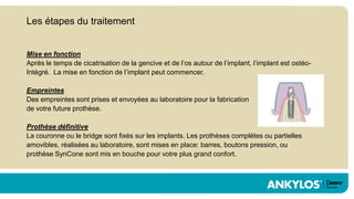 Les étapes du traitement


Mise en fonction
Après le temps de cicatrisation de la gencive et de l’os autour de l’implant, l’implant est ostéo-
Intégré. La mise en fonction de l’implant peut commencer.

Empreintes
Des empreintes sont prises et envoyées au laboratoire pour la fabrication
de votre future prothèse.

Prothèse définitive
La couronne ou le bridge sont fixés sur les implants. Les prothèses complètes ou partielles
amovibles, réalisées au laboratoire, sont mises en place: barres, boutons pression, ou
prothèse SynCone sont mis en bouche pour votre plus grand confort.
 