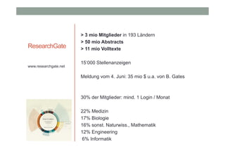ResearchGate
www.researchgate.net

> 3 mio Mitglieder in 193 Ländern
> 50 mio Abstracts
> 11 mio Volltexte
15‘000 Stellenanzeigen
Meldung vom 4. Juni: 35 mio $ u.a. von B. Gates

30% der Mitglieder: mind. 1 Login / Monat
22% Medizin
17% Biologie
16% sonst. Naturwiss., Mathematik
12% Engineering
6% Informatik

 