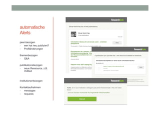 automatische
Alerts
peer-bezogen
•
wer hat neu publiziert?
•
Profiländerungen
themenbezogen
•
Q&A
publikationsbezogen
•
neue Ressource, z.B.
Volltext

institutionenbezogen
Kontaktaufnahmen
•
messages
•
requests

 