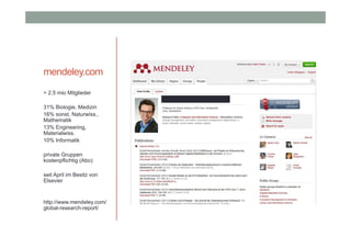 mendeley.com
> 2.5 mio Mitglieder
31% Biologie, Medizin
16% sonst. Naturwiss.,
Mathematik
13% Engineering,
Materialwiss.
10% Informatik
private Gruppen
kostenpflichtig (Abo)
seit April im Besitz von
Elsevier

http://www.mendeley.com/
global-research-report/

 