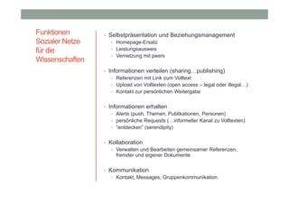 Funktionen
Sozialer Netze
für die
Wissenschaften

• Selbstpräsentation und Beziehungsmanagement
• Homepage-Ersatz
• Leistungsausweis
• Vernetzung mit peers
• Informationen verteilen (sharing…publishing)
• Referenzen mit Link zum Volltext
• Upload von Volltexten (open access – legal oder illegal…)
• Kontakt zur persönlichen Weitergabe
• Informationen erhalten
• Alerts (push, Themen, Publikationen, Personen)
• persönliche Requests (…informeller Kanal zu Volltexten)
• “entdecken” (serendipity)
• Kollaboration
• Verwalten und Bearbeiten gemeinsamer Referenzen,
fremder und eigener Dokumente
• Kommunikation
• Kontakt, Messages, Gruppenkommunikation

 